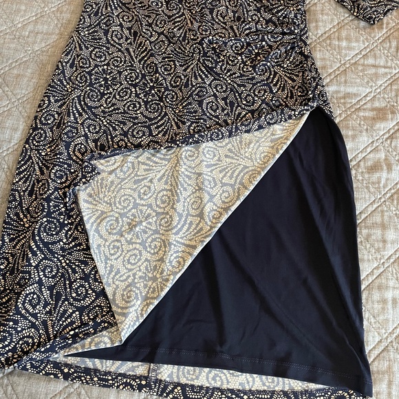 Connected Apparel Faux Wrap Dress Navy and Tan, Women’s Size 14 Petite 14P - Picture 8 of 8